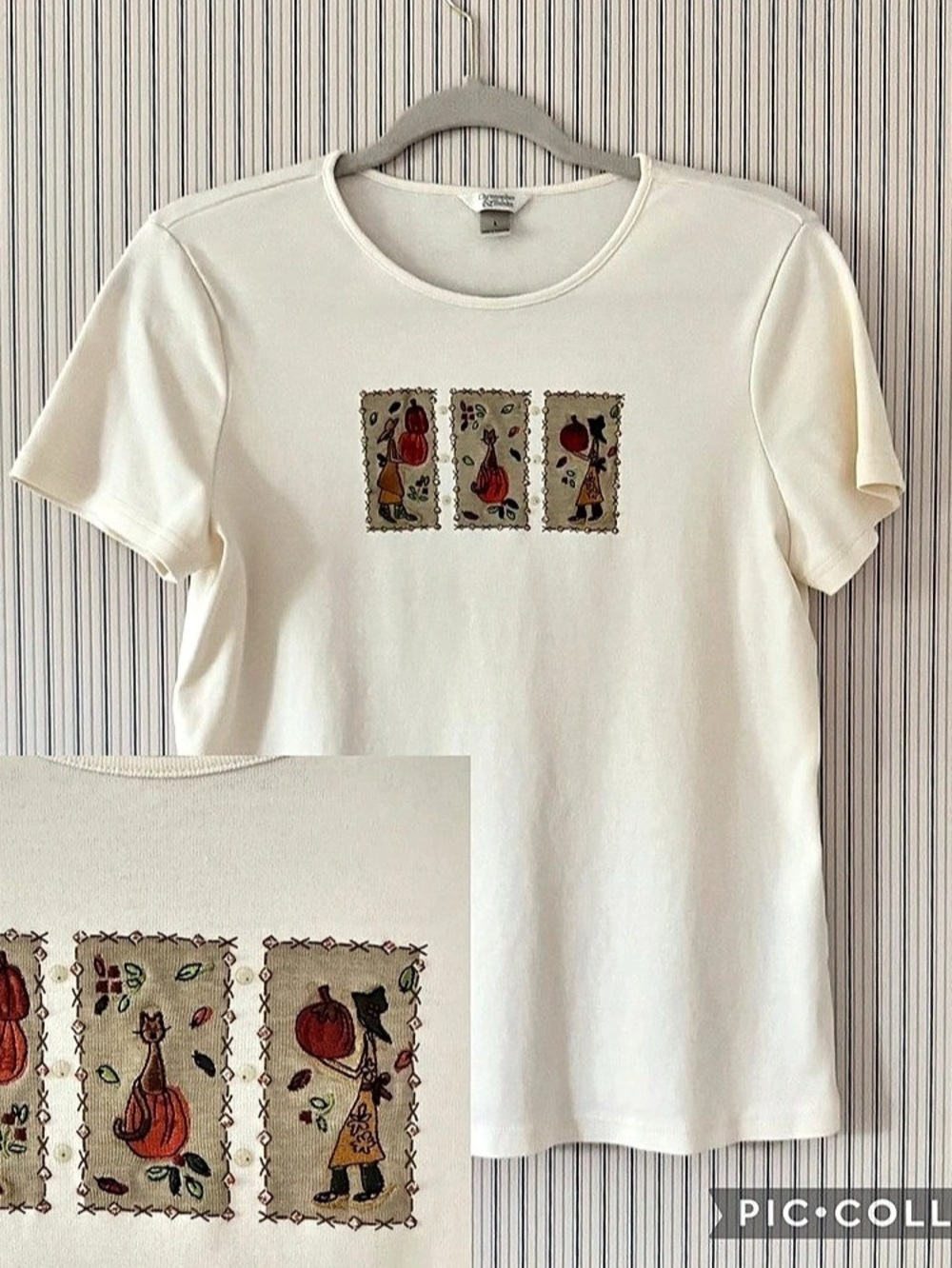 Christopher & Banks L Embroidered Fall Cat Pumpkin Folk Art Tee 100% Cotton